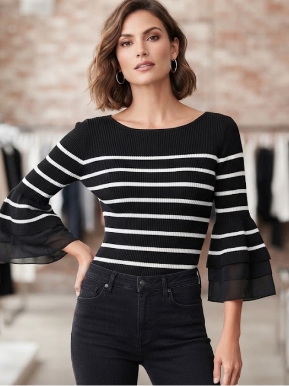 WHBM Striped Ribbed Sweater Black White Flare bell ruffle Sleeve XS /S